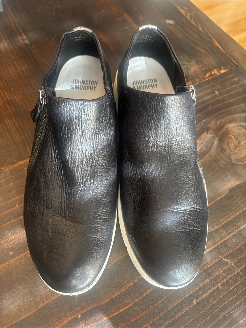 Johnston & Murphy Black Leather Zip Slip-On Loafers with White Sole